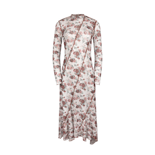 PINK ROSE PRINT PANELED MESH DRESS