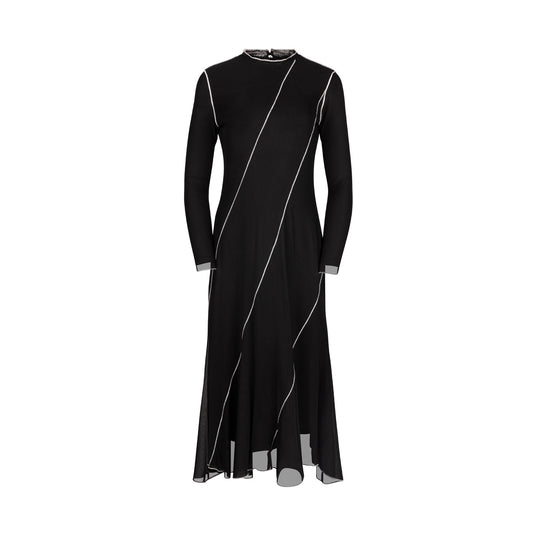 BLACK CONTRAST SEAM PANELED MESH DRESS