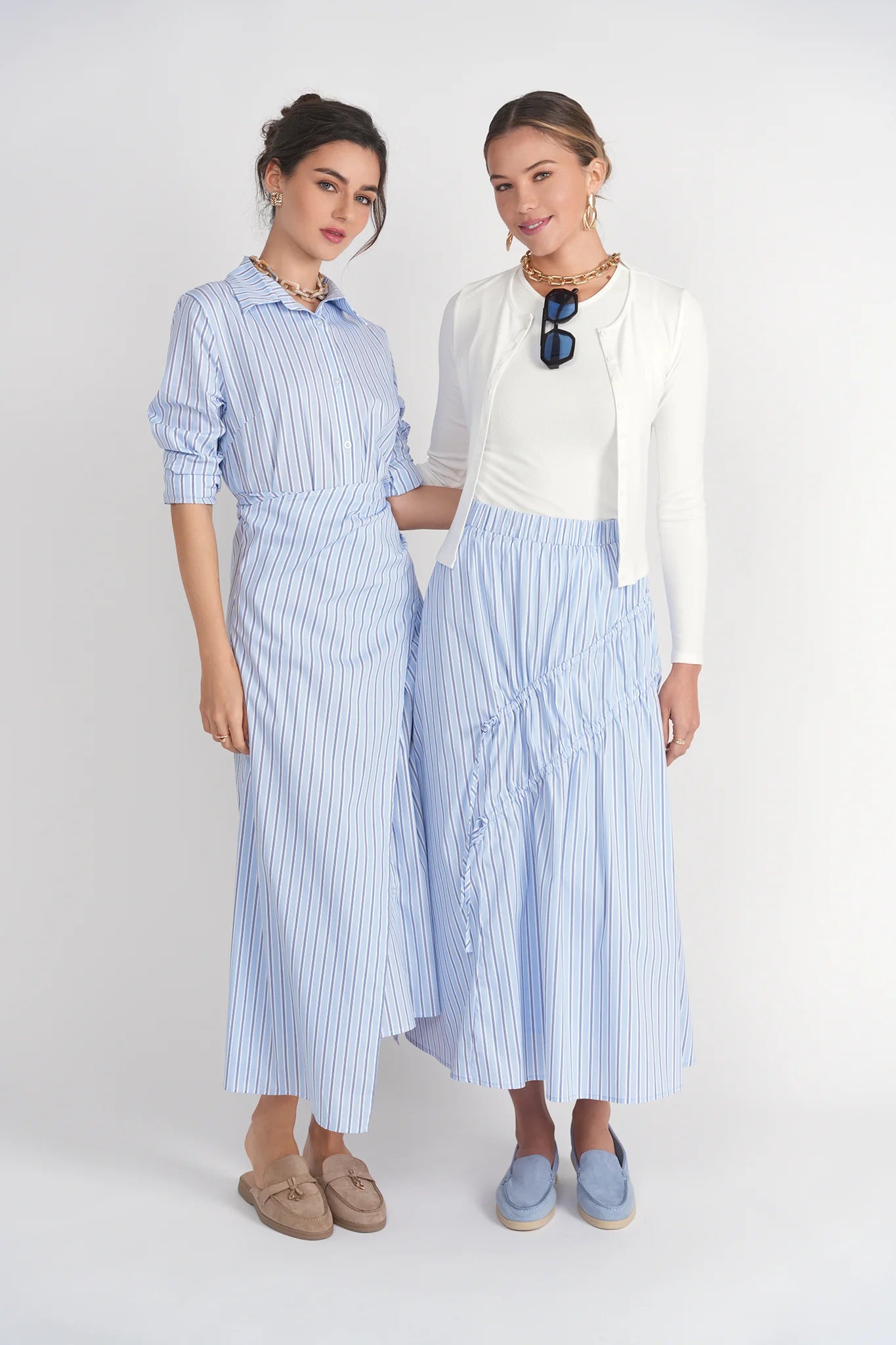 BLUE PINSTRIPE DOUBLE DRAWSTRING MAXI SKIRT