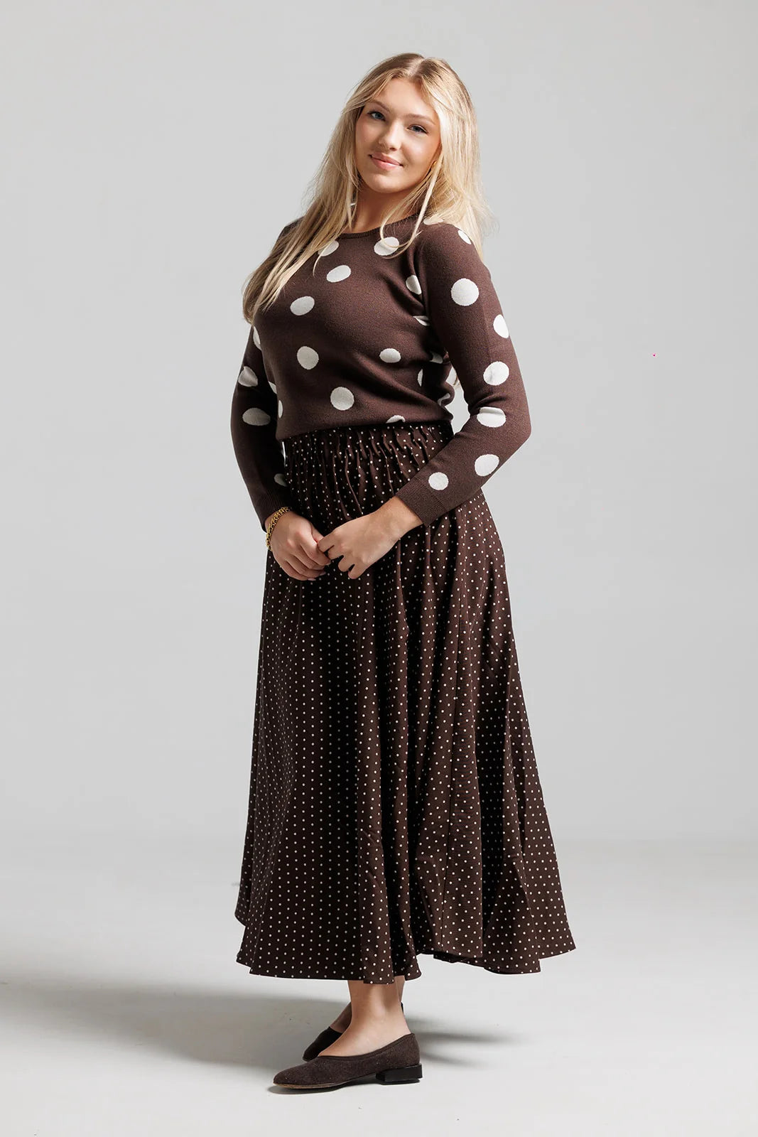 BROWN WOOL POLKA DOT SKIRT