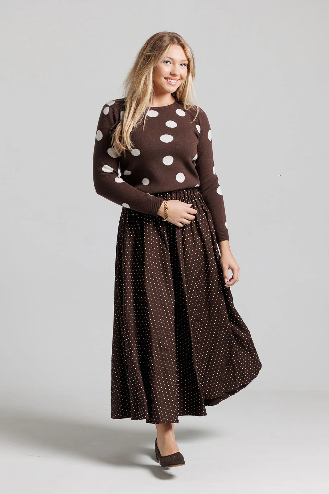 BROWN WOOL POLKA DOT SKIRT