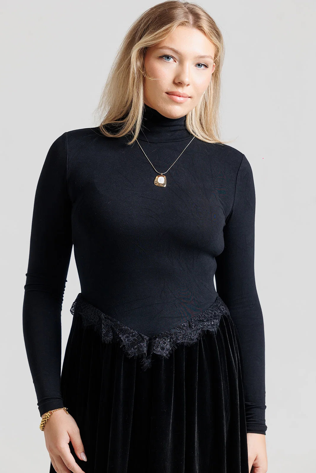 BLACK VELVET LACE V MAXI DRESS