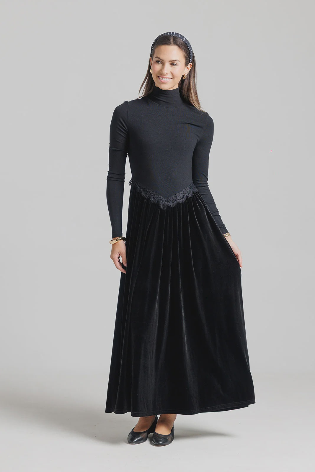 BLACK VELVET LACE V MAXI DRESS