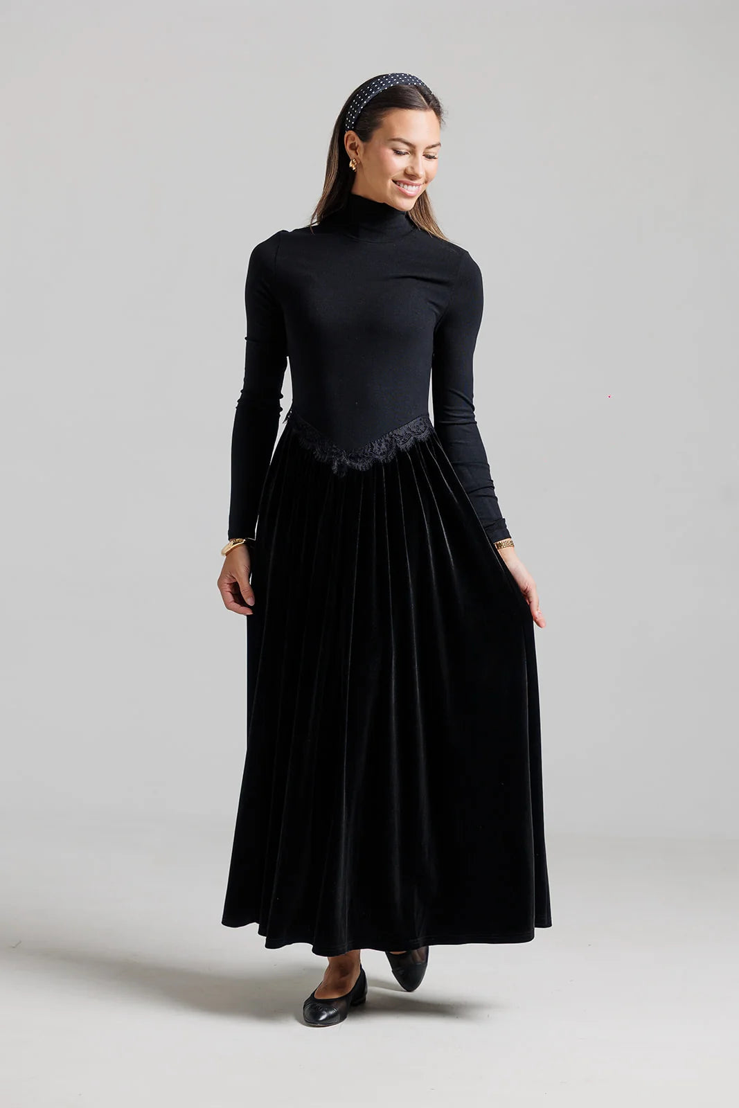 BLACK VELVET LACE V MAXI DRESS