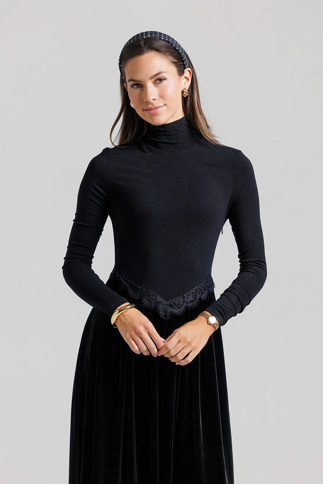 BLACK VELVET LACE V MAXI DRESS