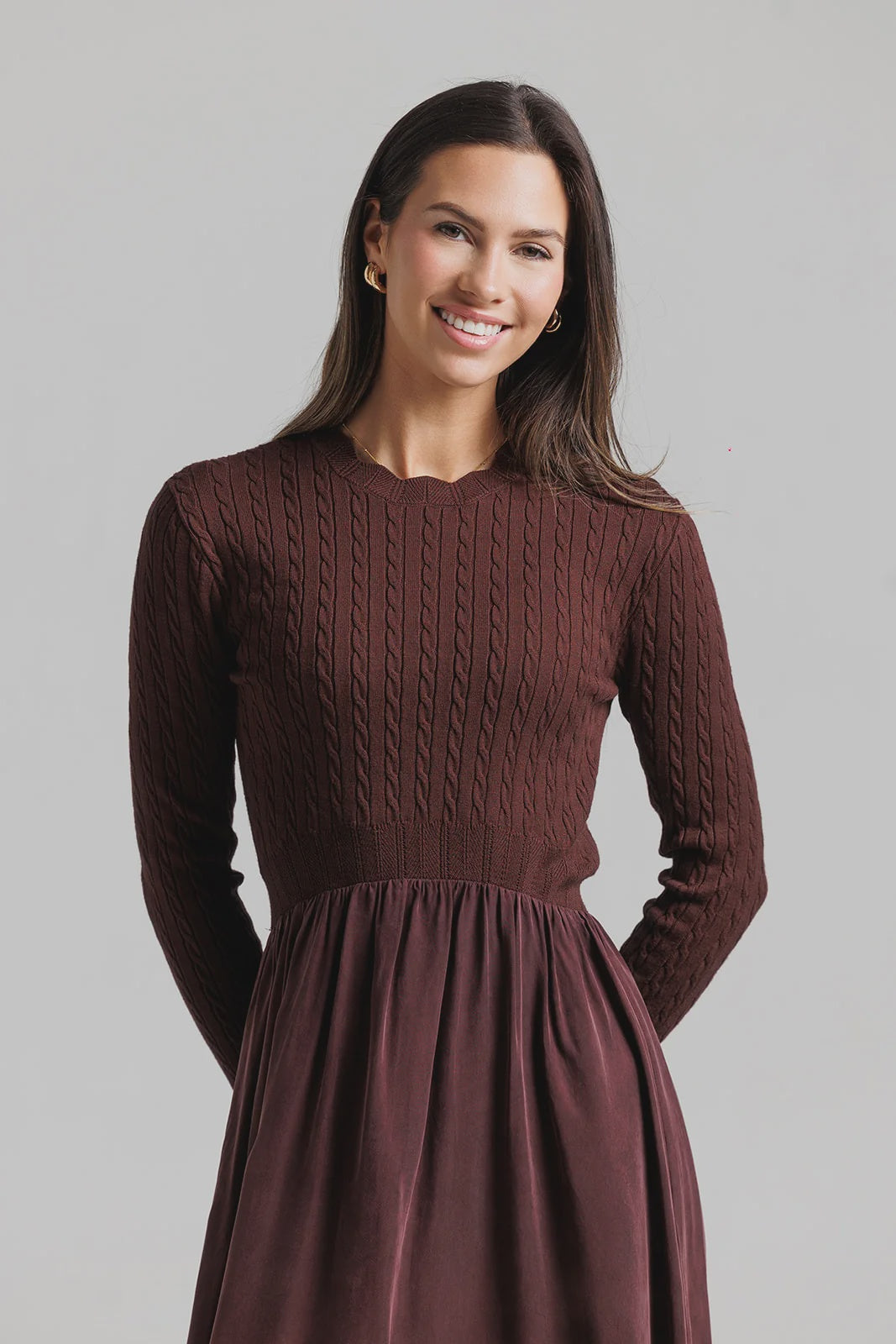 MAROON CABLE KNIT POINTELLE DRESS