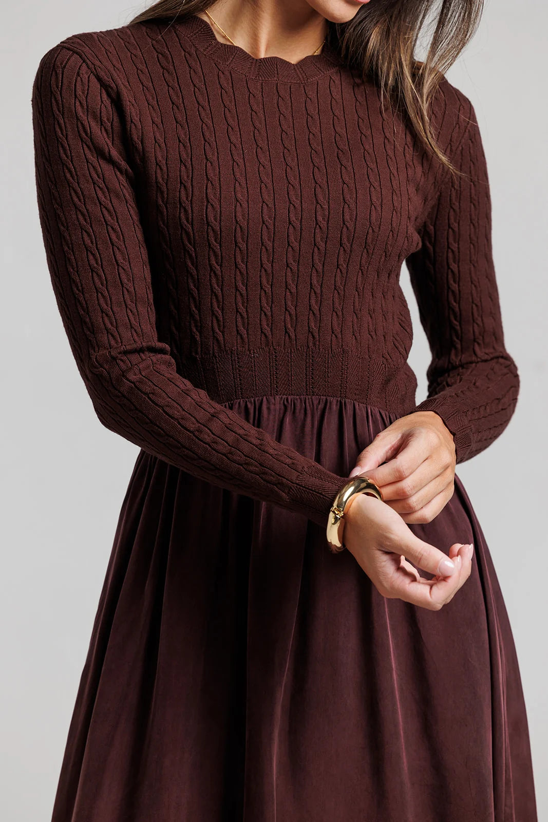 MAROON CABLE KNIT POINTELLE DRESS