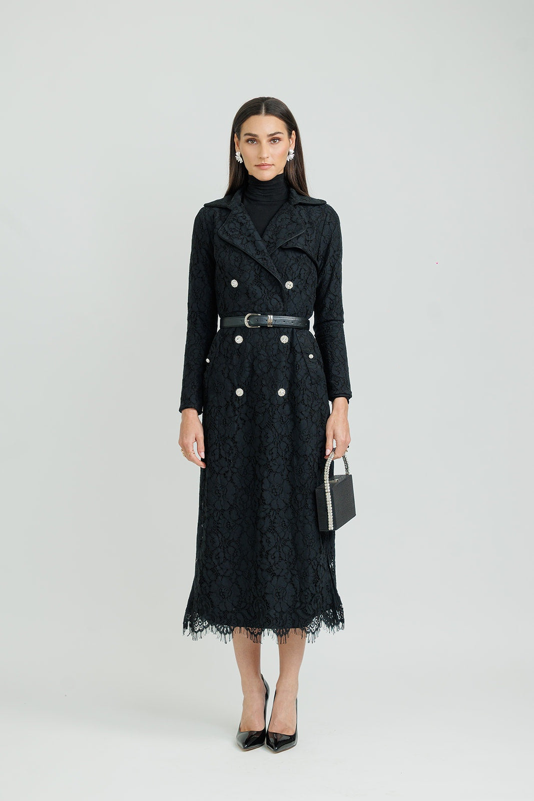 BLACK BELTED LACE BLAZER DRESS