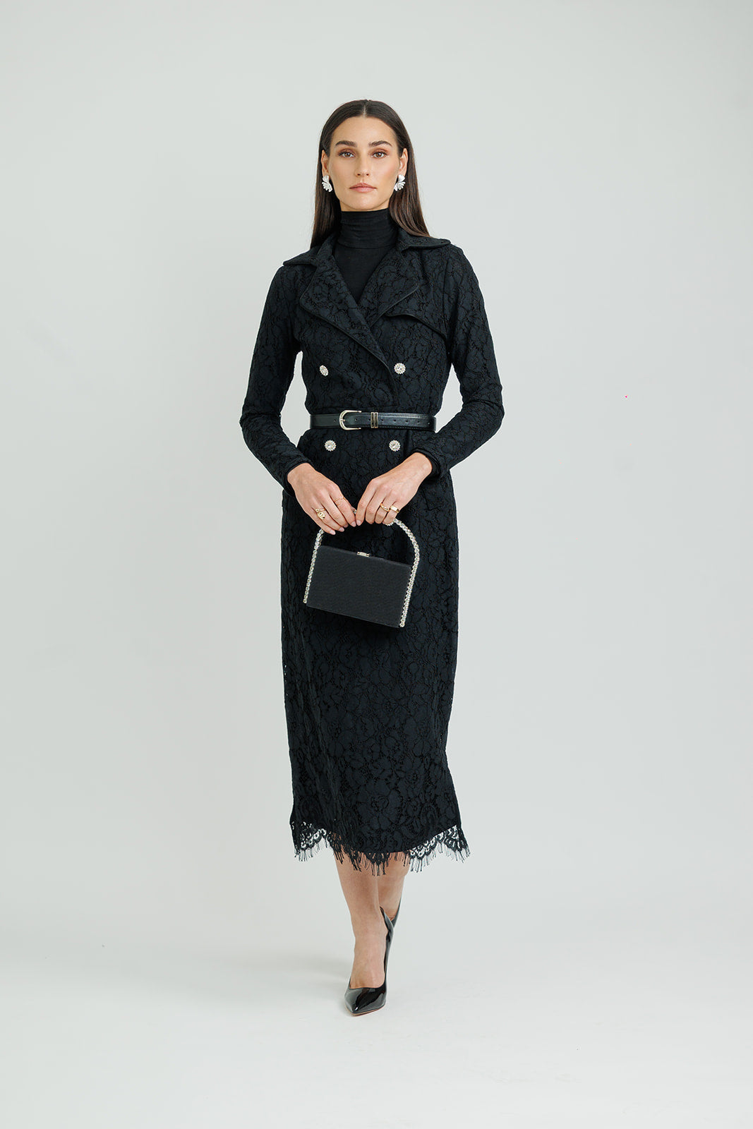 BLACK BELTED LACE BLAZER DRESS
