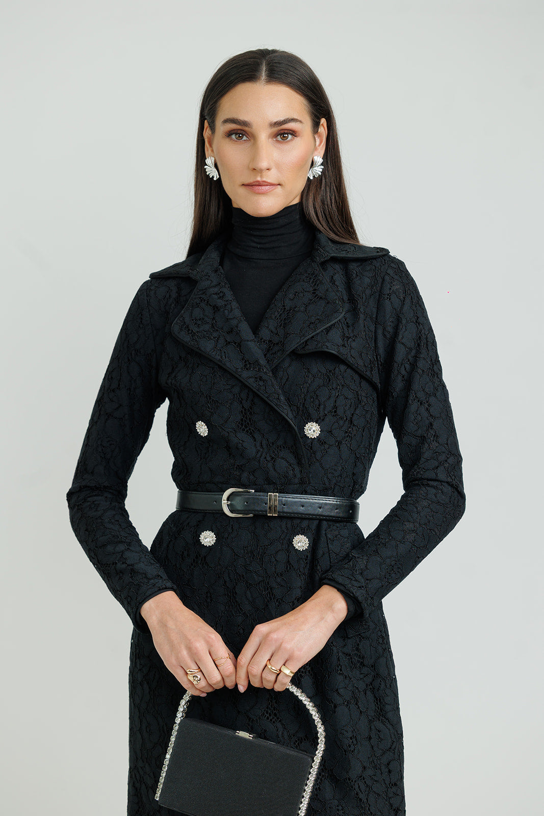 BLACK BELTED LACE BLAZER DRESS