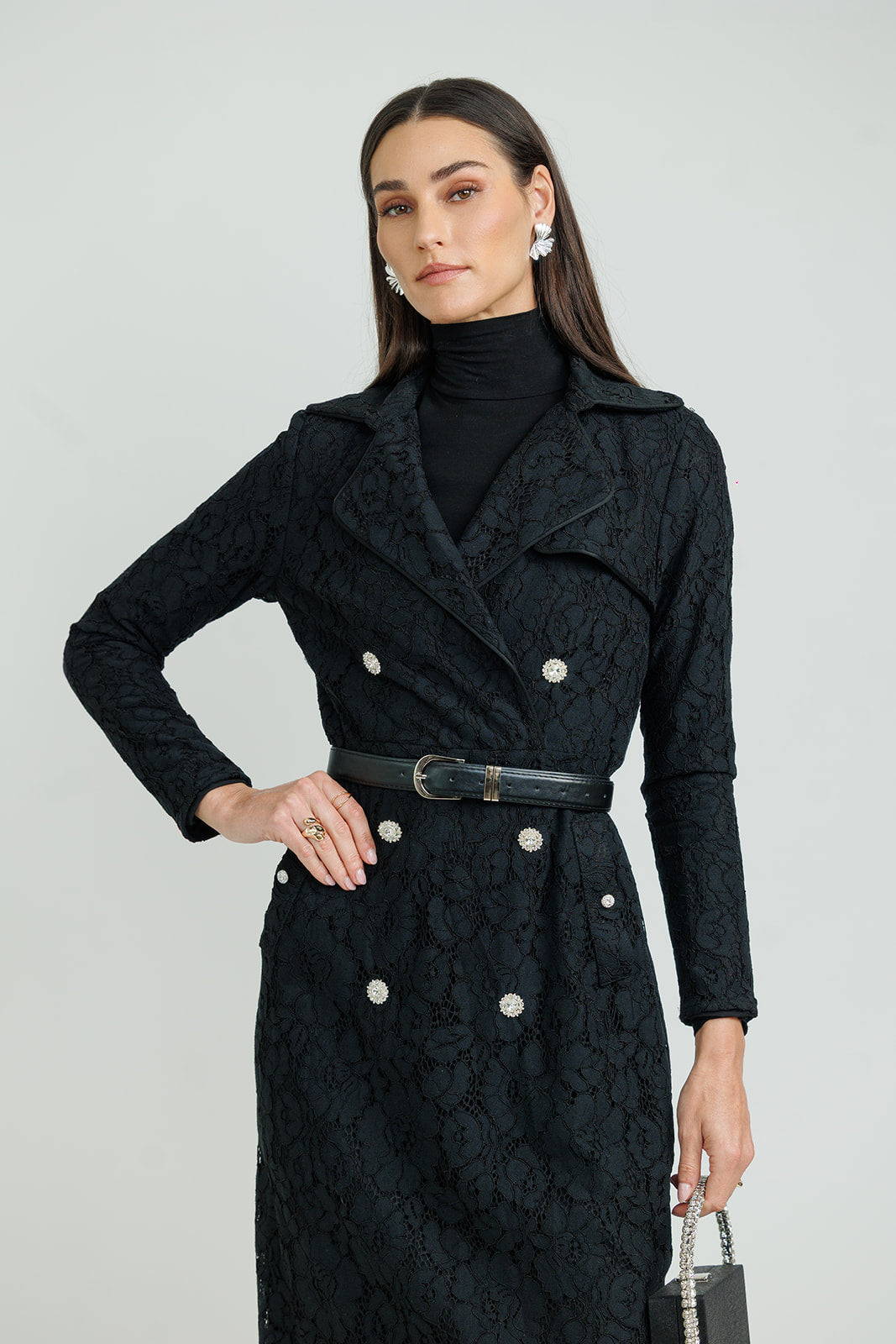 BLACK BELTED LACE BLAZER DRESS