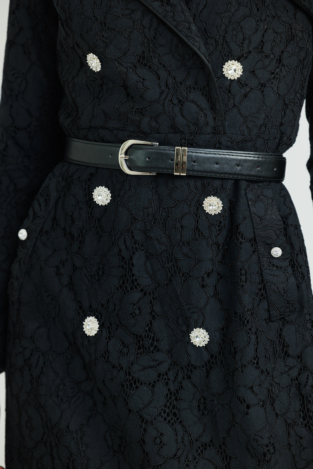 BLACK BELTED LACE BLAZER DRESS