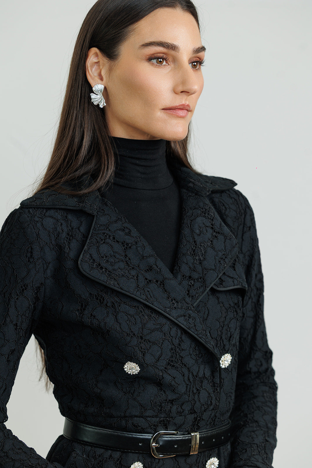 BLACK BELTED LACE BLAZER DRESS