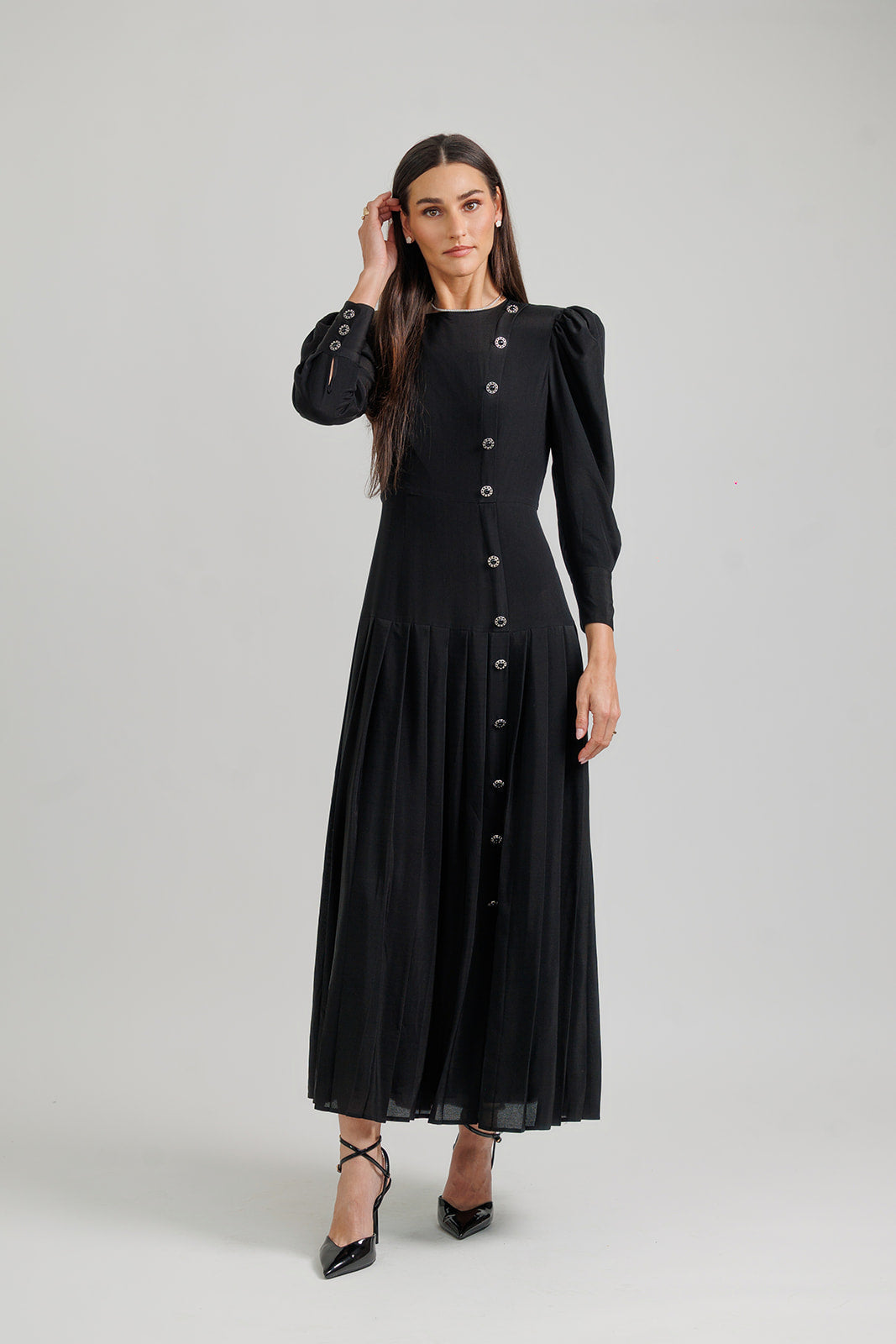 BLACK SILK A-LINE PLEATED DRESS