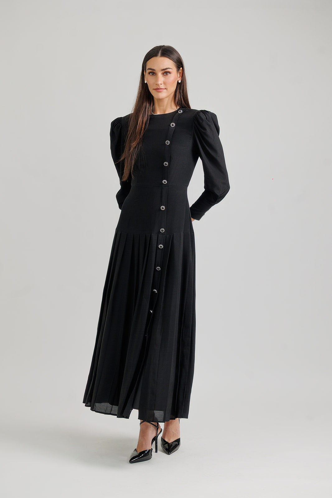 BLACK SILK A-LINE PLEATED DRESS