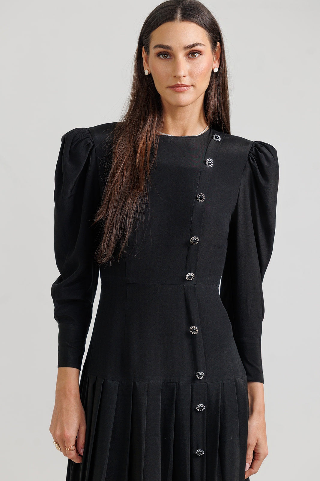 BLACK SILK A-LINE PLEATED DRESS