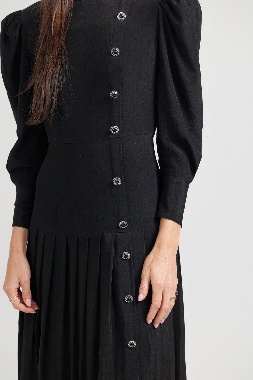 BLACK SILK A-LINE PLEATED DRESS