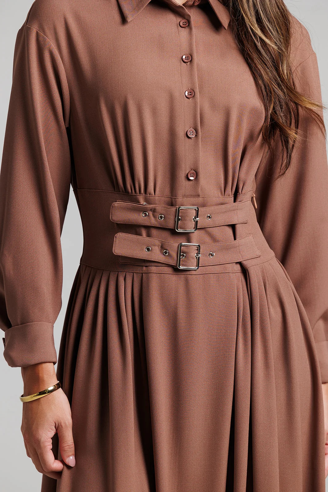 MAUVE DOUBLE BUCKLE WOOL DRESS