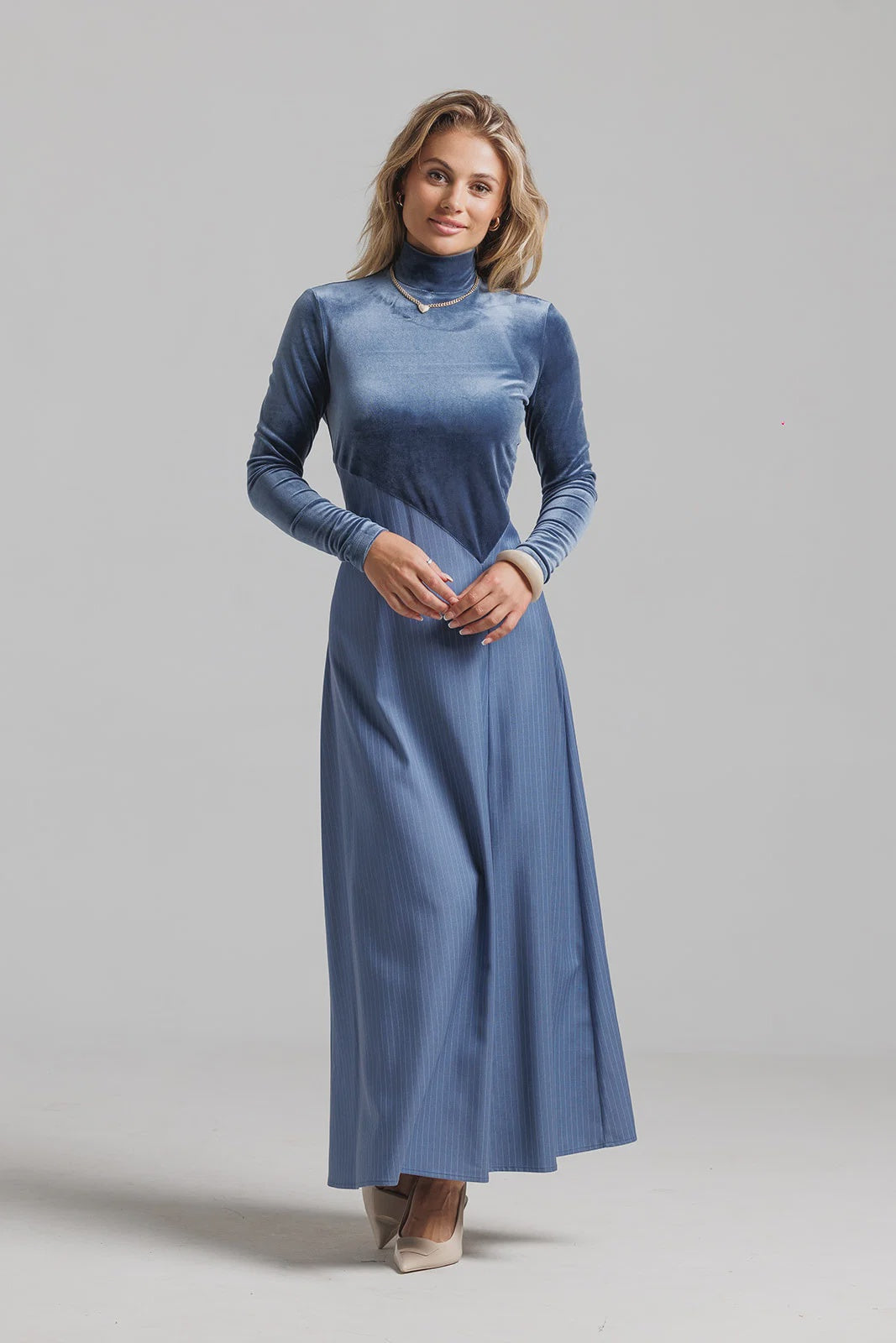 BLUE VELVET PINSTRIPE DRESS