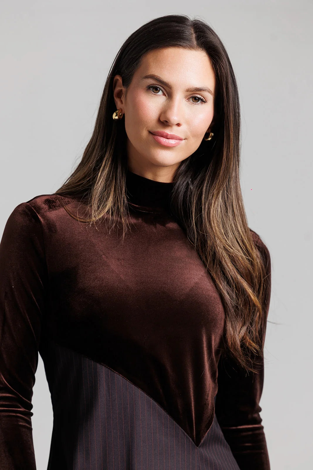 COCOA BROWN VELVET PINSTRIPE DRESS