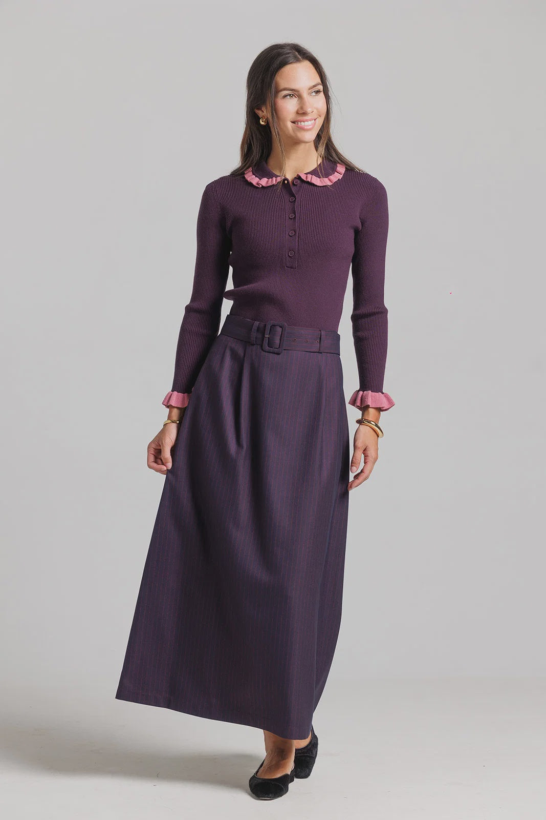 PLUM RUFFLE POLO SWEATER