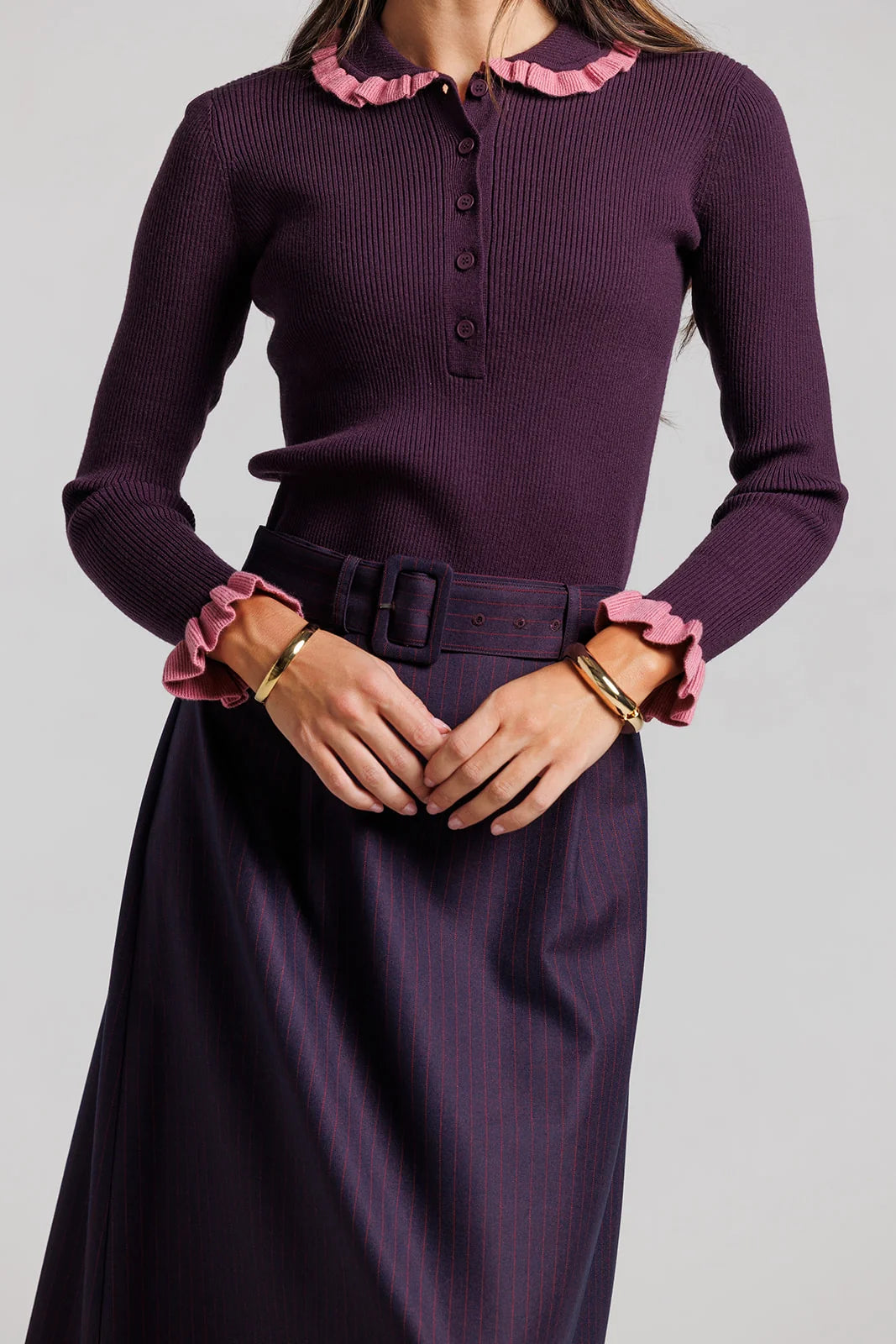PLUM MIDI PINSTRIPE SKIRT