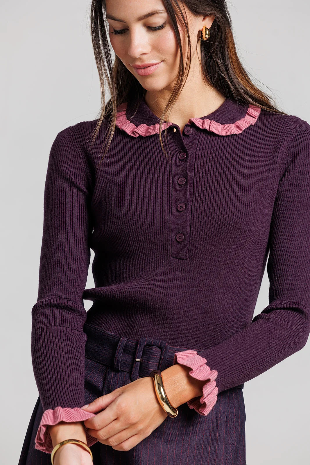 PLUM RUFFLE POLO SWEATER
