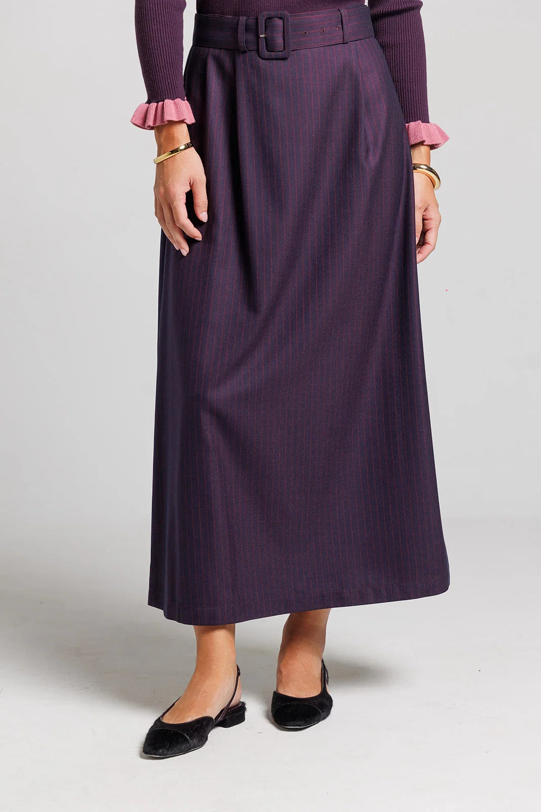 PLUM MIDI PINSTRIPE SKIRT