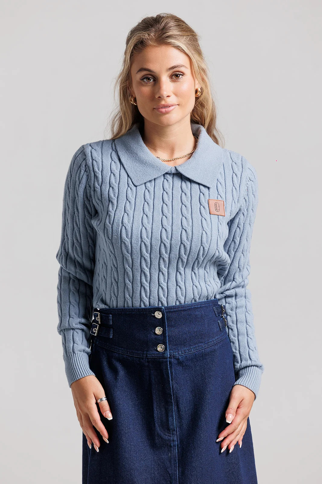 BLUE LEATHER LOGO SWEATER