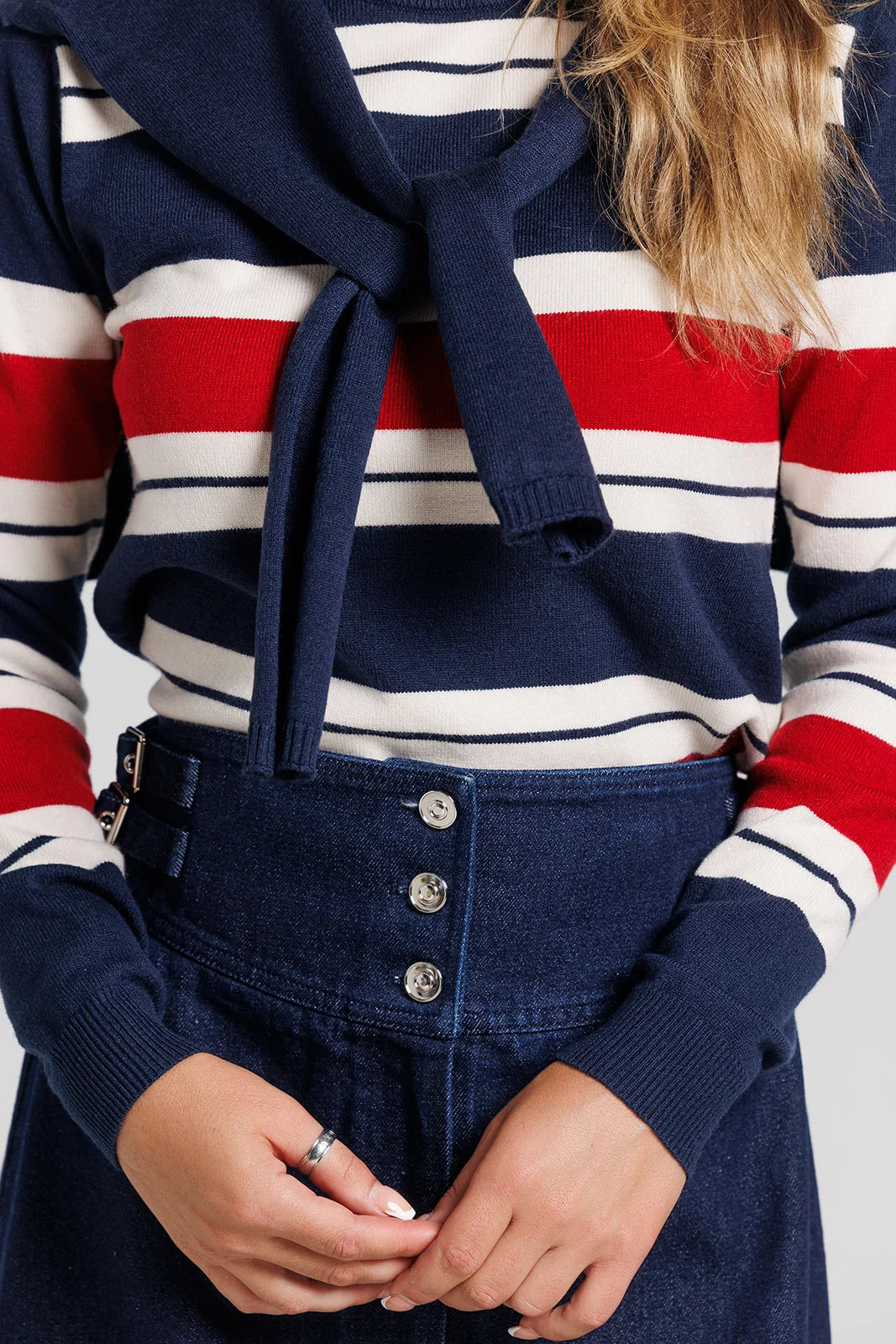 NAVY AND RED STRIPED SHRUG SWEATER