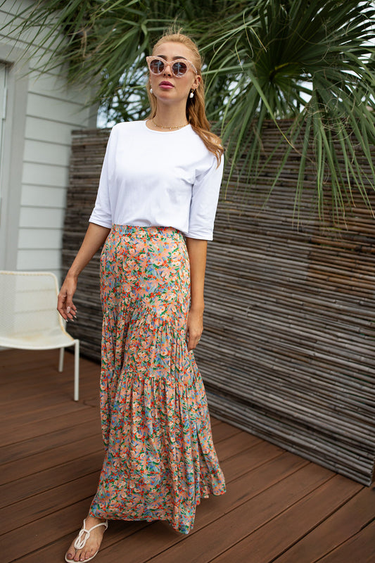 VIBRANT FLORAL TIERED MAXI SKIRT