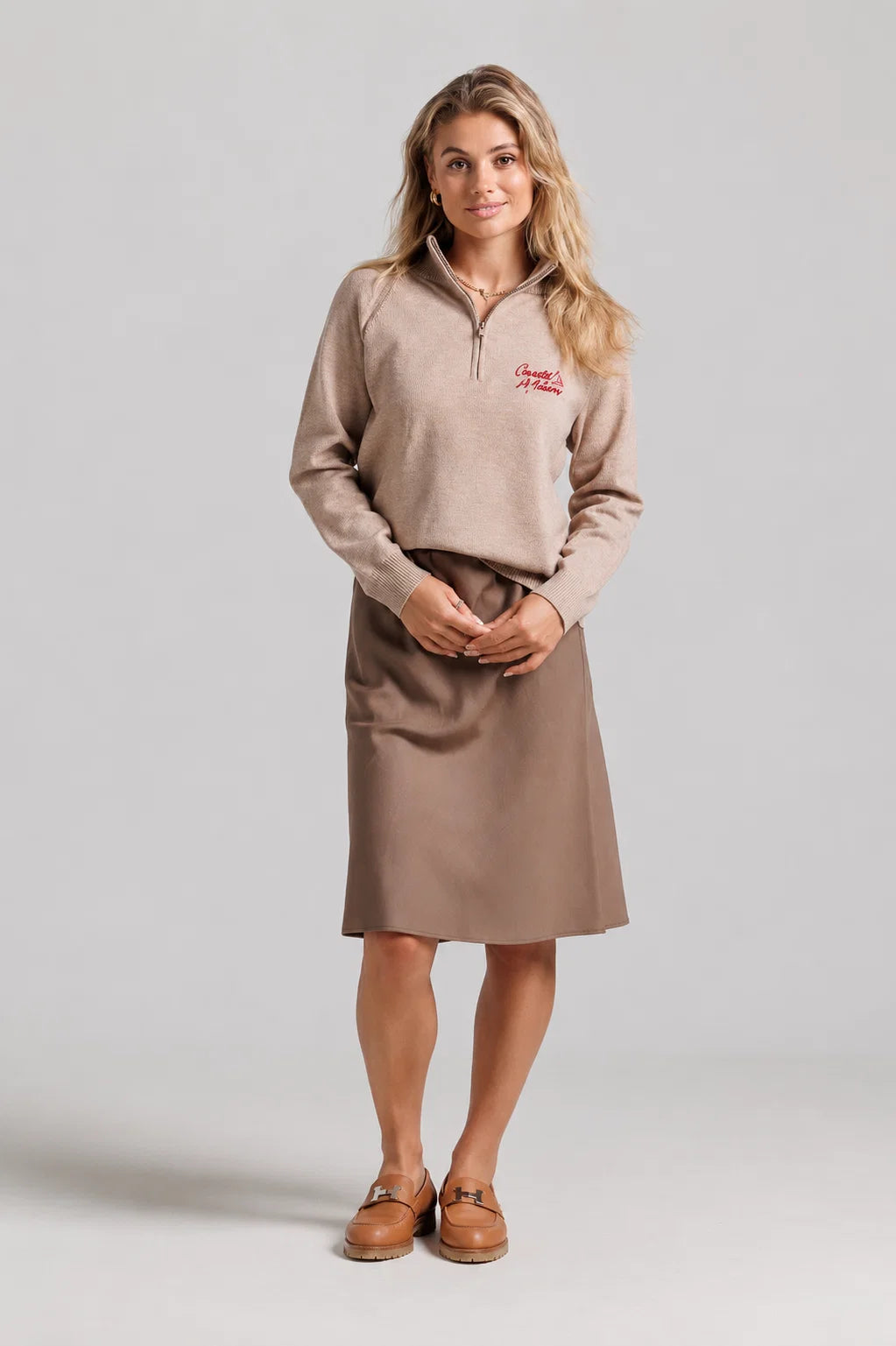 TAN AND RED COASTAL SWEATER