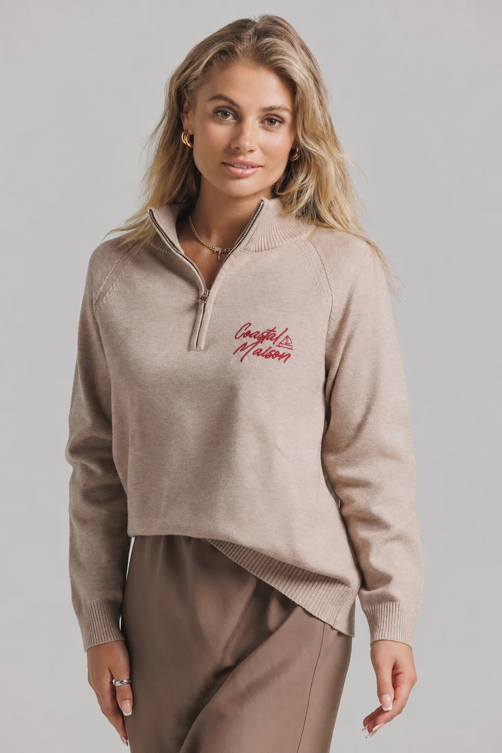 TAN AND RED COASTAL SWEATER