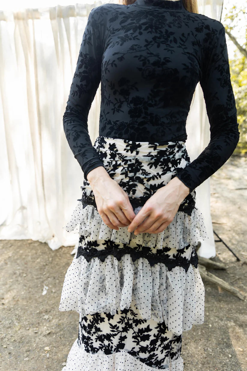 BLACK MESH TOP WITH VELVET FLORAL