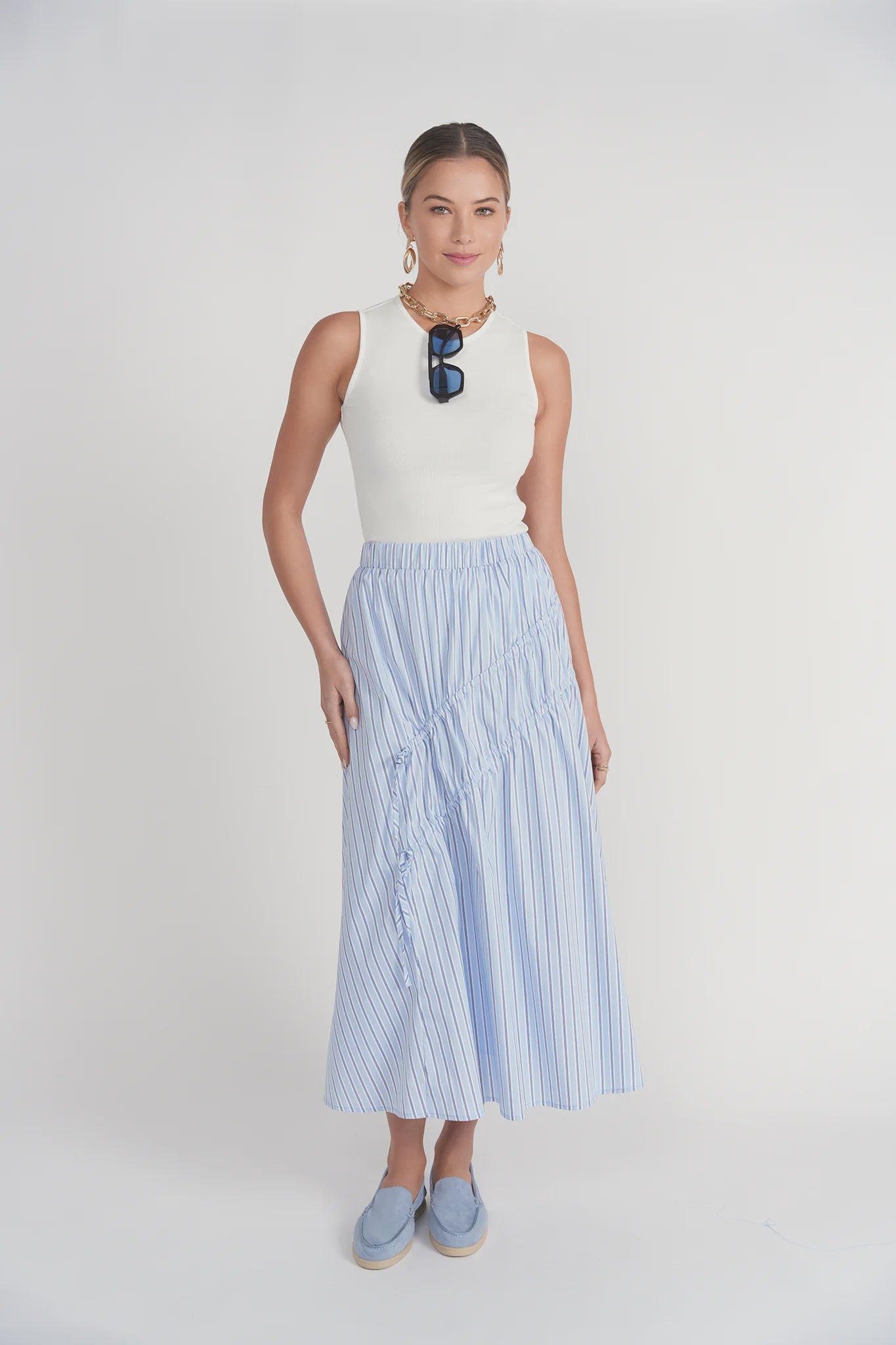 BLUE PINSTRIPE DOUBLE DRAWSTRING MAXI SKIRT