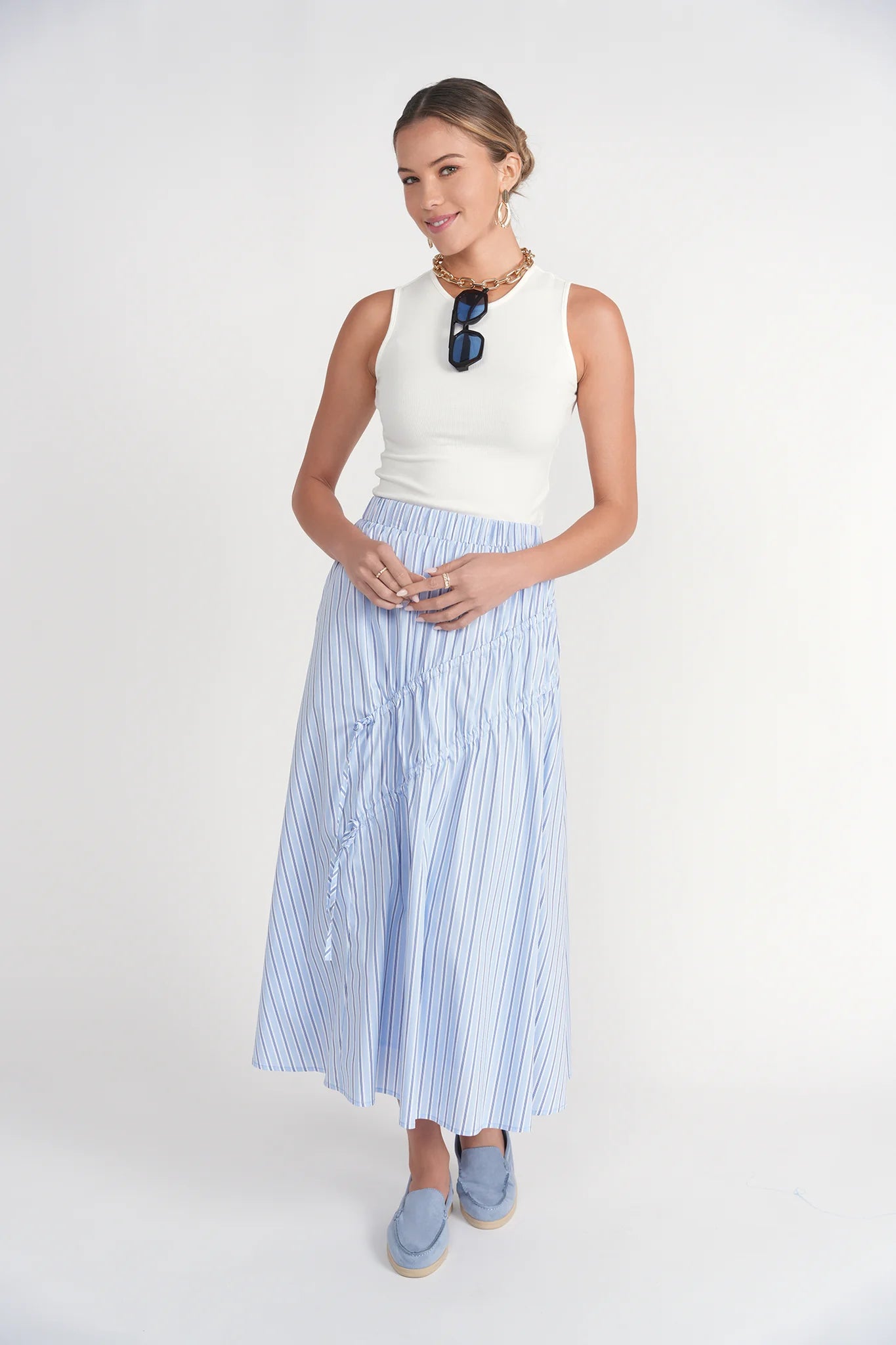 BLUE PINSTRIPE DOUBLE DRAWSTRING MAXI SKIRT