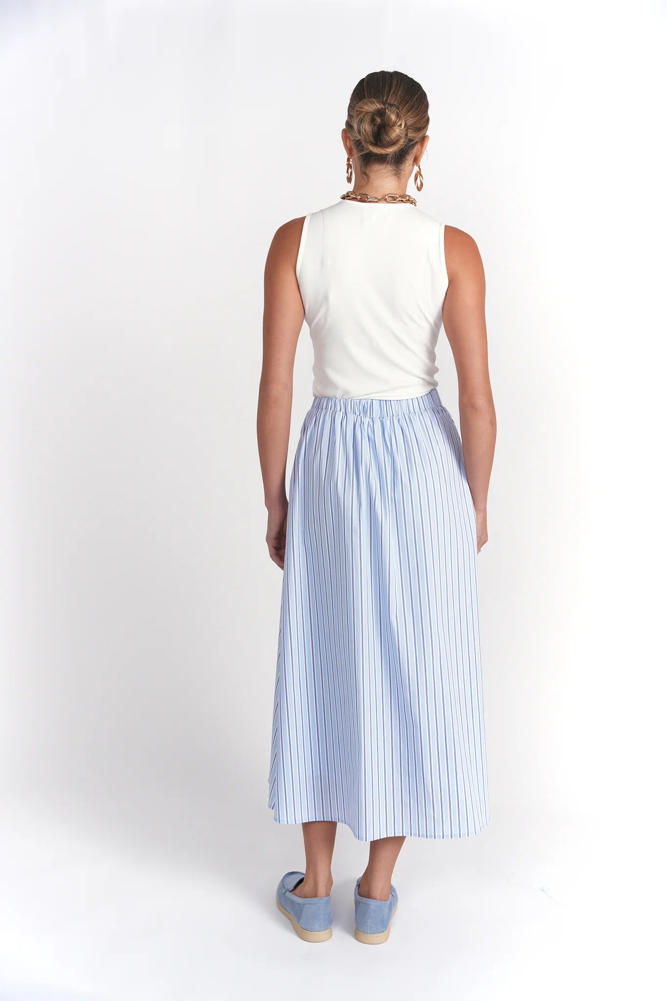 BLUE PINSTRIPE DOUBLE DRAWSTRING MAXI SKIRT