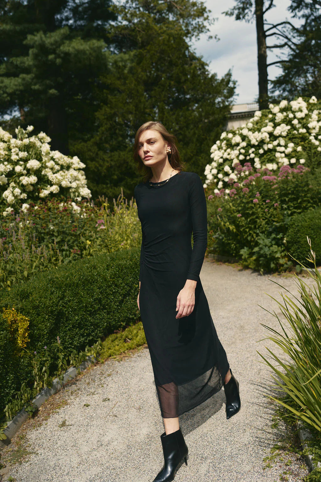 BLACK MESH RUCHED SIDE DRESS