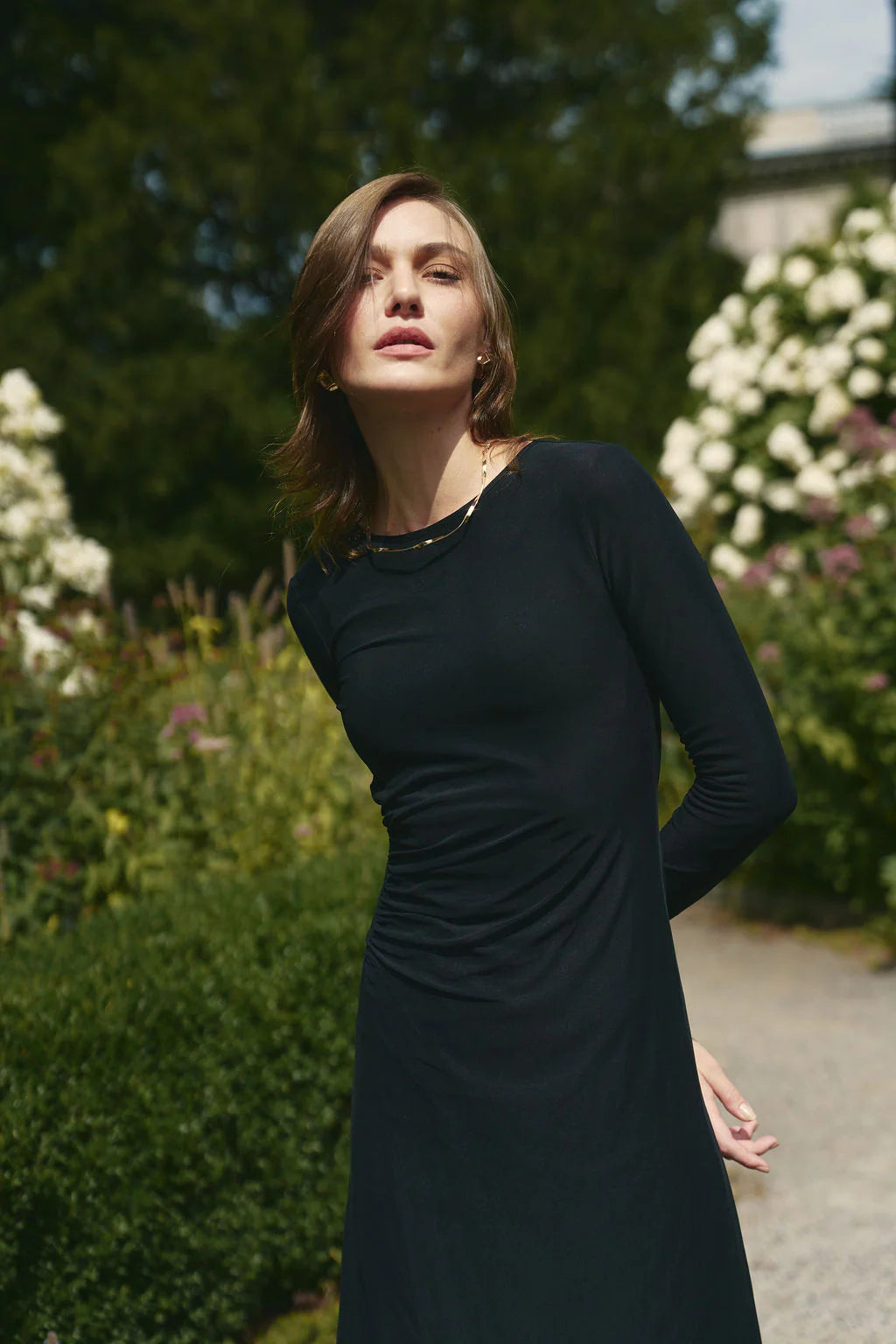 BLACK MESH RUCHED SIDE DRESS