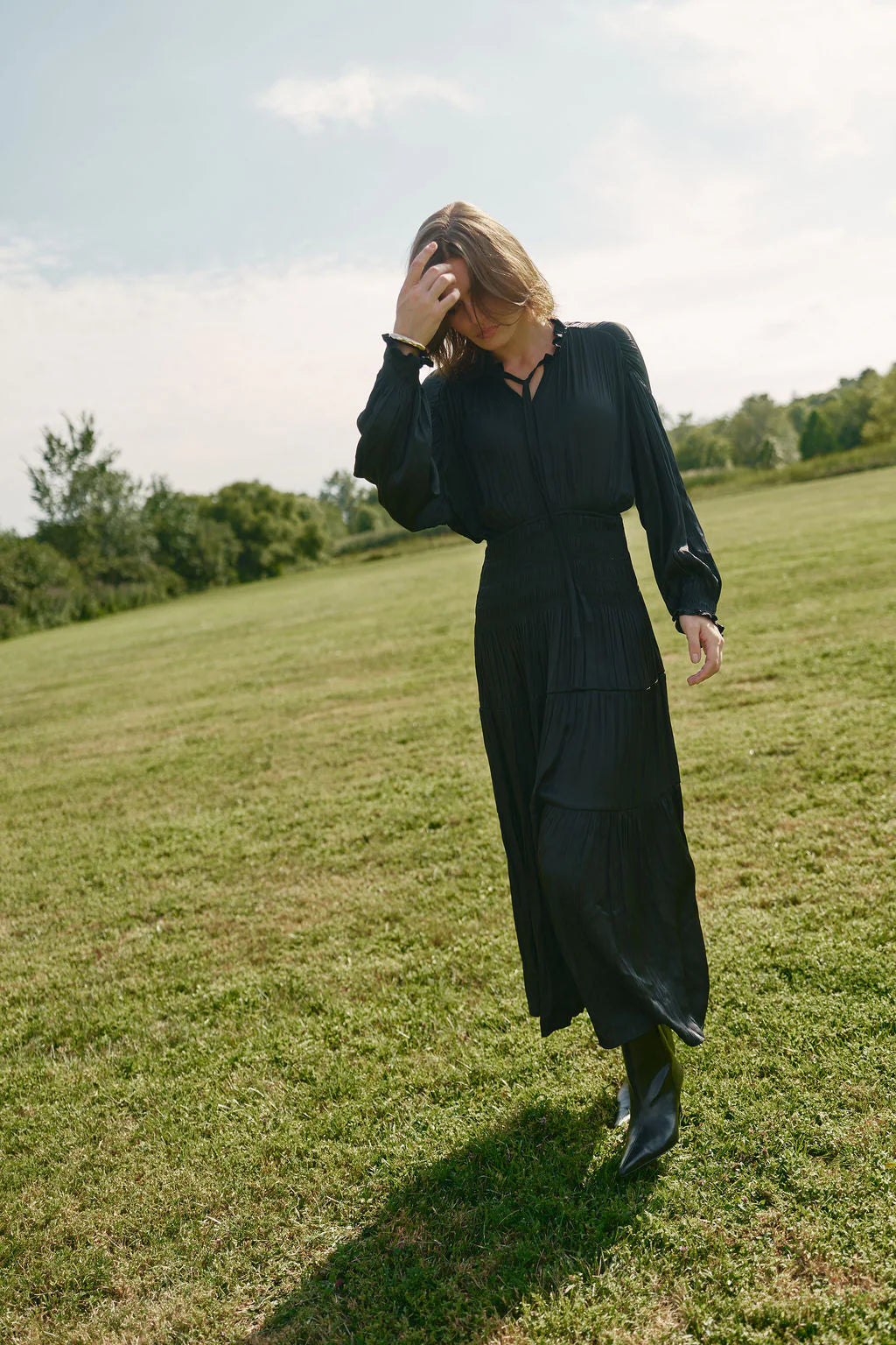 BLACK SILK MAXI DRESS WITH RUCHED WAIST