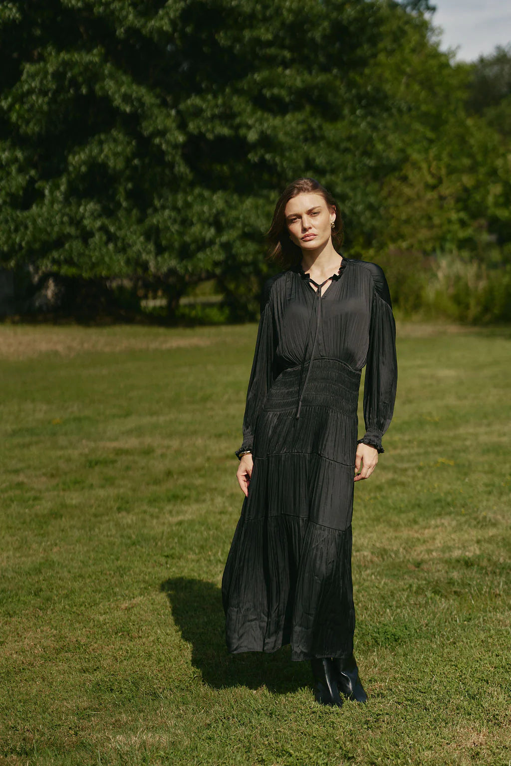 BLACK SILK MAXI DRESS WITH RUCHED WAIST