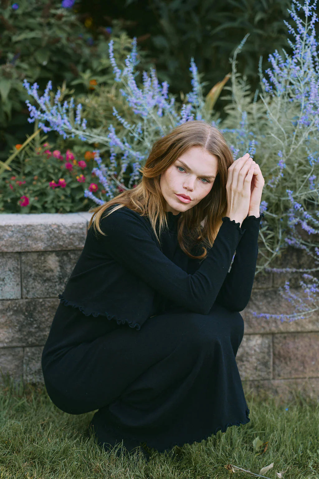BLACK KNIT CARDIGAN WITH MATCHING SLEEVELESS DRESS