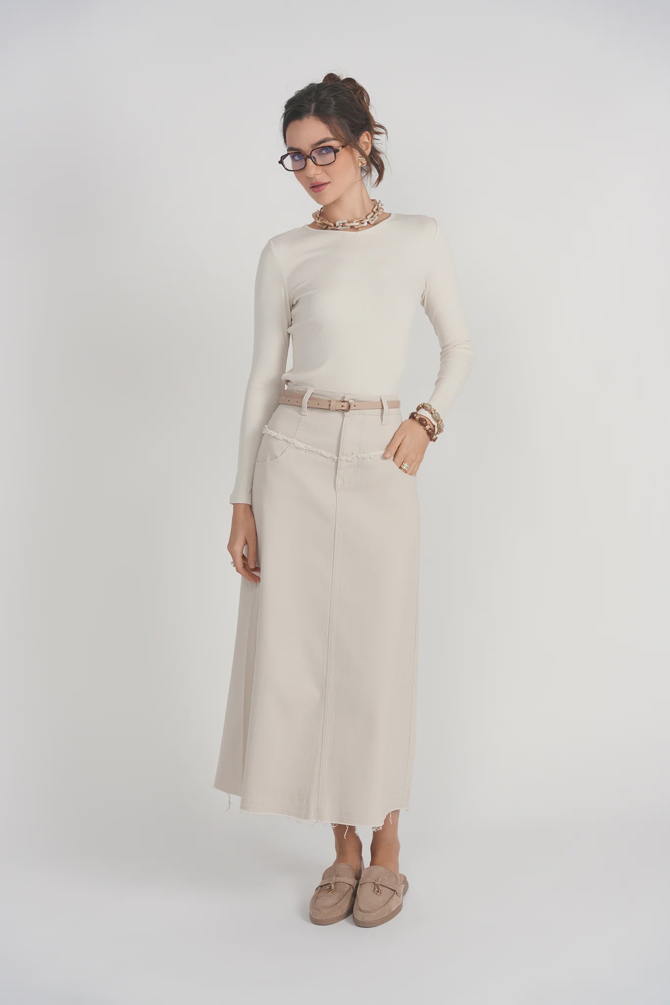 FRAY DETAIL DENIM SKIRT - STONE