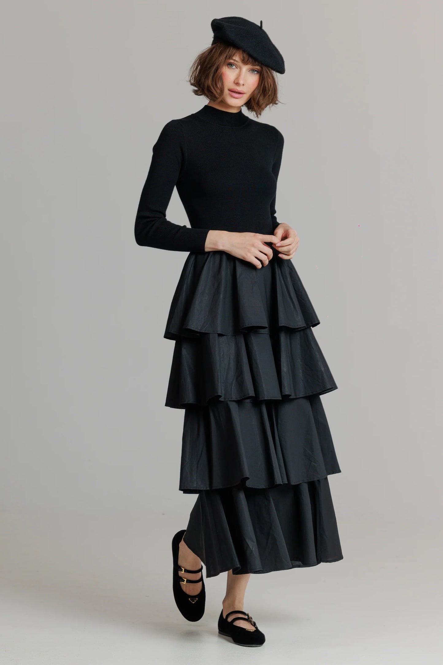 BLACK KNIT LAYERED MAXI