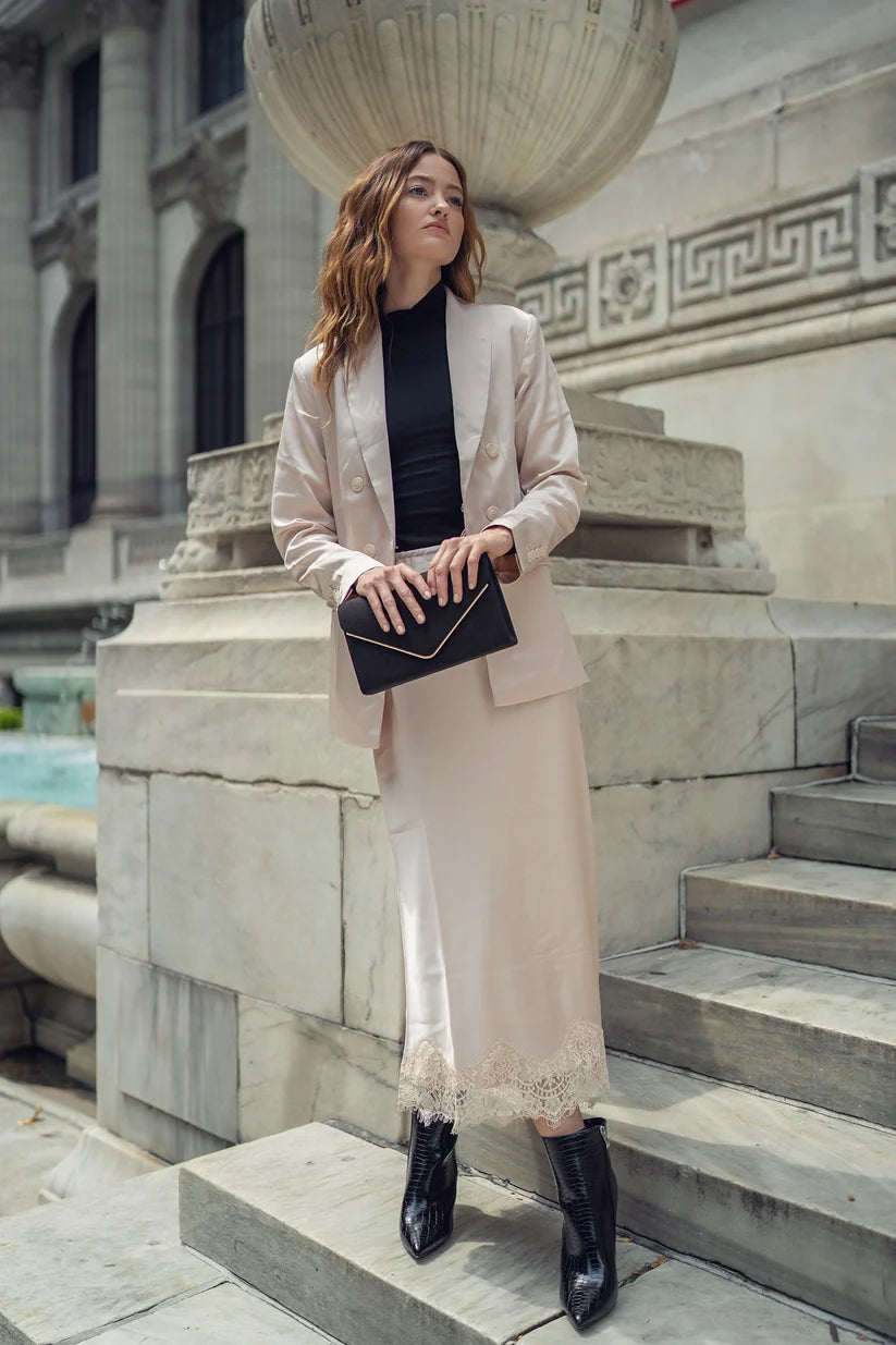 CHAMPAGNE SILK SKIRT WITH LACE HEM