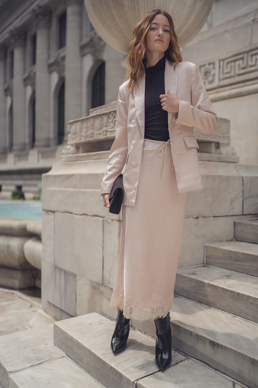 CHAMPAGNE SILK SKIRT WITH LACE HEM