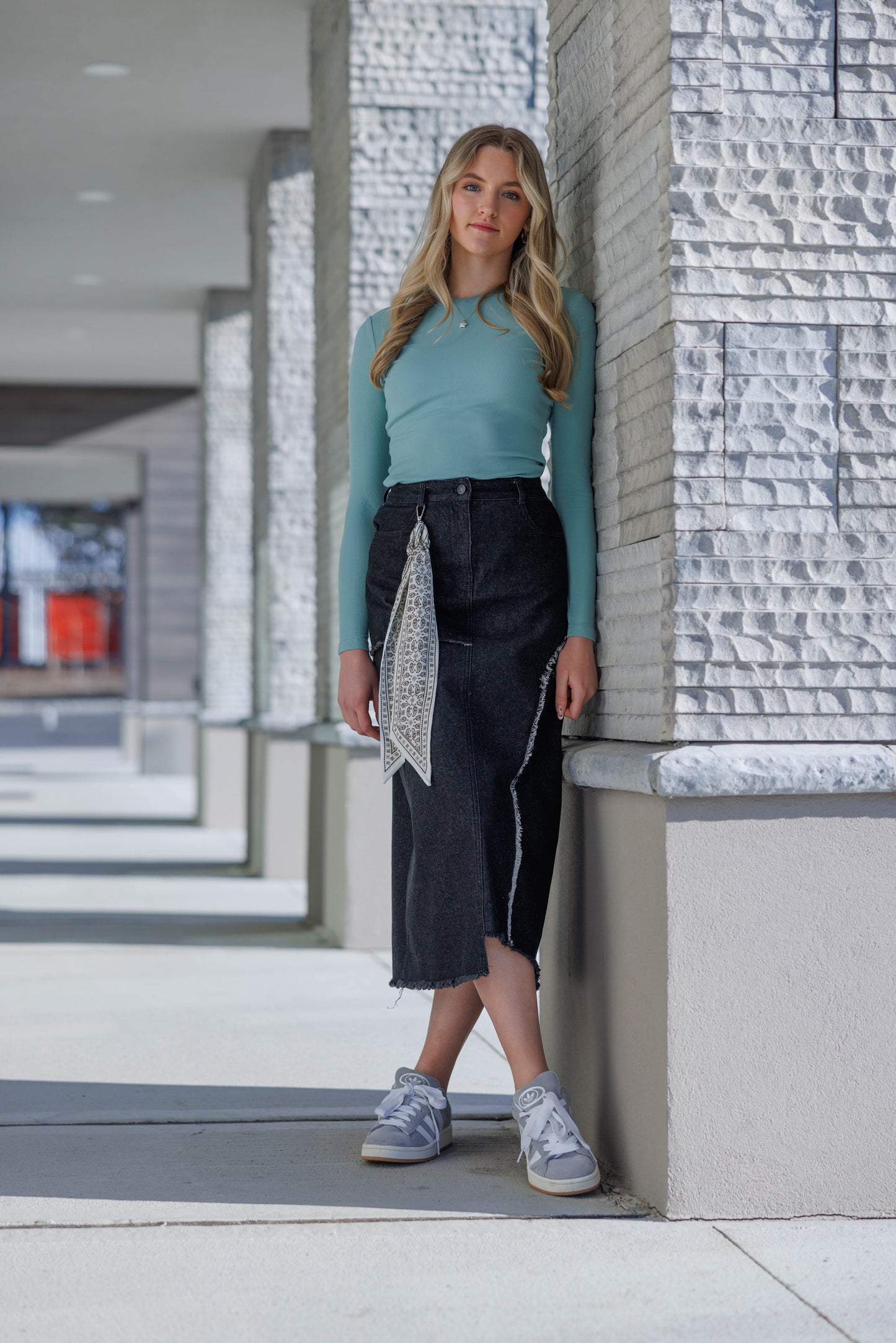 DENIM MIDI SKIRT WITH HANDKERCHIEF DETAIL AVAILABLE IN 2 COLORS