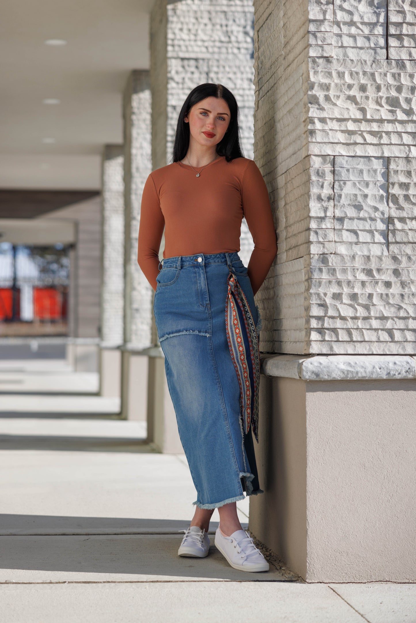 DENIM MIDI SKIRT WITH HANDKERCHIEF DETAIL AVAILABLE IN 2 COLORS