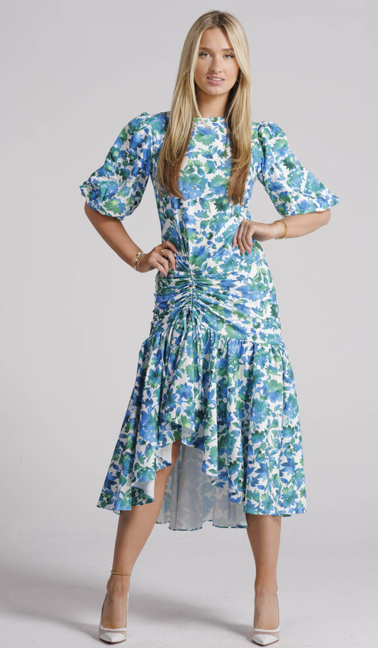 BLUE AND GREEN FLORAL RUSHED DRESS