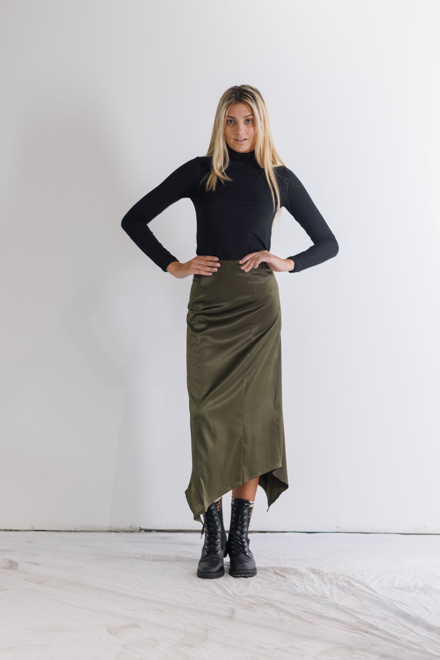 GREEN SATIN SKIRT